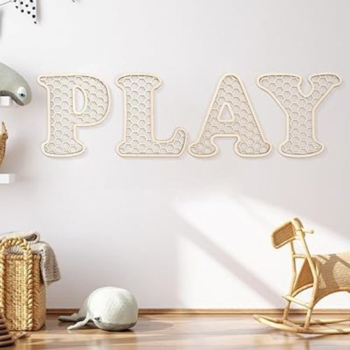 Play Sign - 12 In Wooden Rattan Letters Playroom Sign, Playroom Wall Decor for Toddler Girls Boys, Play Room Wall Decor for Kids Playroom Nursery Room Decorations
