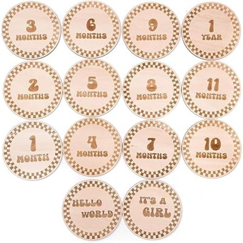 Baby Monthly Milestone, Wooden Baby Milestone Signs, Monthly Milestone Wood Discs, Baby Milestone Discs (Checkered)