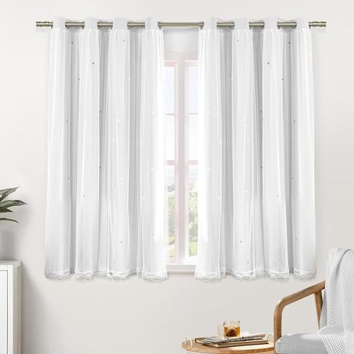 XiDi White Curtains with Sheer Overlay for Girls Bedroom 80% Blackout Double Layer Curtains for Nursery Kids Room Star Drapes with Tiebacks Room Darkening Grommet Window Treatment 2 Panels W34 X L63