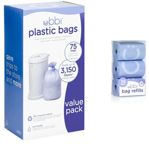 Ubbi Diaper Pail Plastic Bags, Disposable Baby Waste Bags, 3 Pack, 75 Count, 13-Gallon Bags