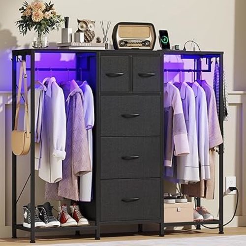 49.2”W Dresser with 2 Hanging Racks, 5 Drawers Dresser with LED Lights & Charging Station, Dressers with Clothes Rack, Shoe Racks and Side Hooks, TV Stand Chest of Drawers for Bedroom, Black