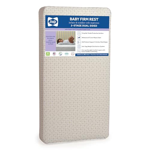Sealy Baby Firm Rest Antibacterial 2 Stage Waterproof Crib Mattress plus Toddler Bed Fit, 204 Steel Coils, Non Toxic, GREENGUARD Gold Certified, Safety & Quality Tested, Made in USA, 52X28" Gray