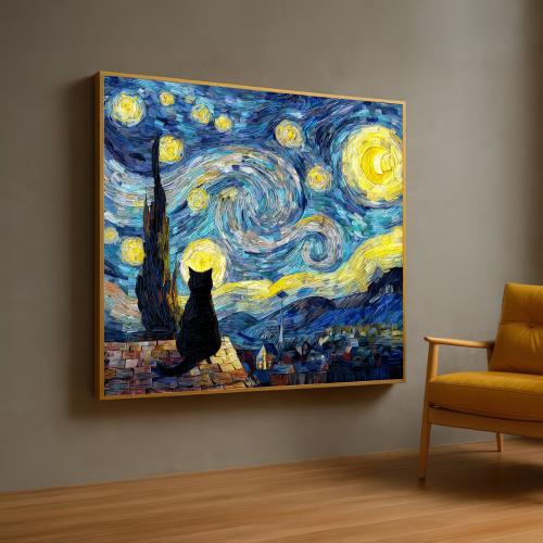 Starry Night Black Cat Canvas Print: Van Gogh Style Wall Art