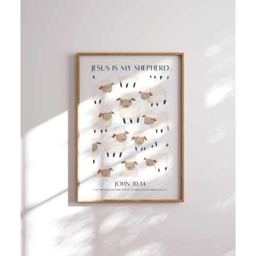 Christian Nursery Wall Art | Jesus Is My Shepherd Print | Bible Verse Sheep Poster | John 10:14 Scripture Decor | Kids Room Artwork
