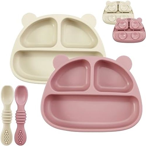 PandaEar 2 Pack Silicone Baby Suction Plates with 2 Spoons for Self Feeding, 100% Silicone Kids Toddler Suction Plates, Divided Baby Plate Set, Microwave & Dishwasher Safe, BPA Free