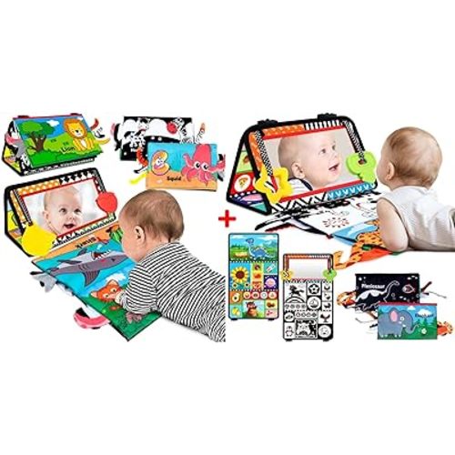 3 in 1 Tummy Time Mirror Baby Toys with Crinkle Cloth Book and Teether