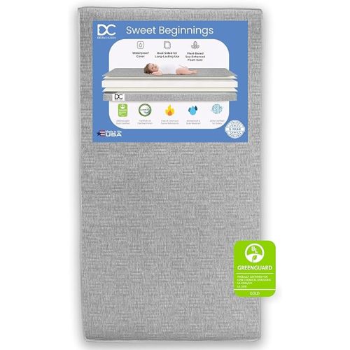 Delta Children Sweet Beginnings Dual Sided Crib and Toddler Mattress in a Box - GREENGUARD Gold and CertiPUR-US Certified - Plant-Based Soy Foam Core - Waterproof - 5 Year Warranty - Made in USA