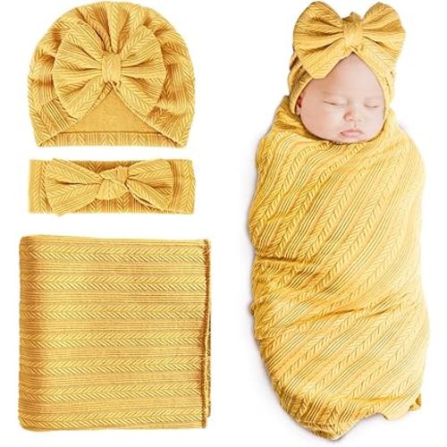 DRESHOW BQUBO Newborn Receiving Blanket Toddler Warm for Girls with Bow Hat and Bow Headband Shower Gift