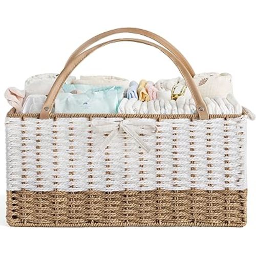 HBlife Diaper Caddy Organizer, Hand-Woven Storage Basket for Diapers & Baby Essentials - Modern Fashion Colorblock Design, Ideal Gift for Baby Shower & Registry Must-Have
