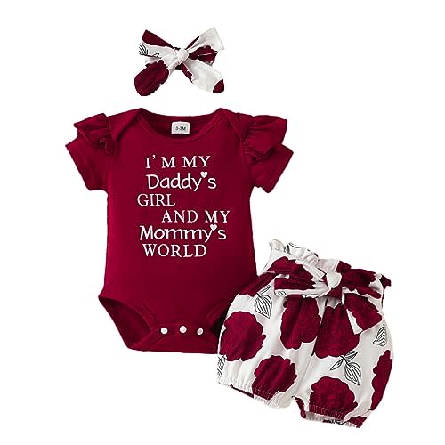 Newborn Baby Girls Clothes Summer Outfits Short Sleeve Daddy Mama Saying Romper Floral Shorts Headband
