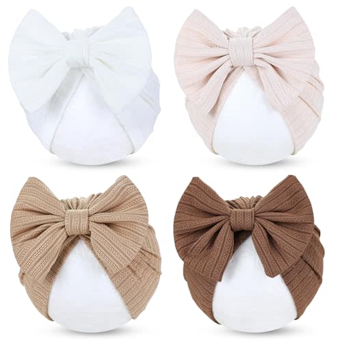 Cinaci 4 Pieces Baby Girls Turban Hats with Bow Newborn Hospital Caps Bonnets Beanies Headwraps for Infants Toddlers