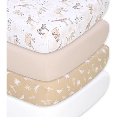The Peanutshell Organic Crib Sheets for Boys or Girls, Breathable Super Soft 100% Jersey Cotton, Safari Nursery Decor, Gender Neutral Baby Bedding, 4 Pack Set for 28x52 Mattress, Brown Beige White