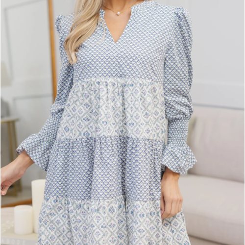 NURSING COLLECTION: In Your Happy Place Blue Mixed Print Dress