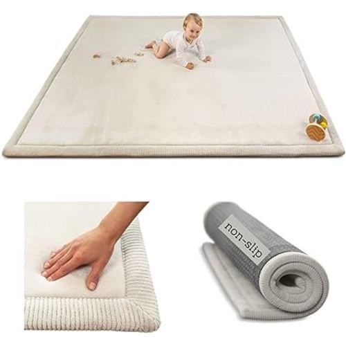 Premium Baby Play Mat 60”x80” Light Gray – Cloud-Soft Coral Velvet Memory Foam Rug for Crawling & Play – Non-Slip, Water-Repellent, Easy-Care Tummy Time Mat – Non-Toxic Padded Playmat