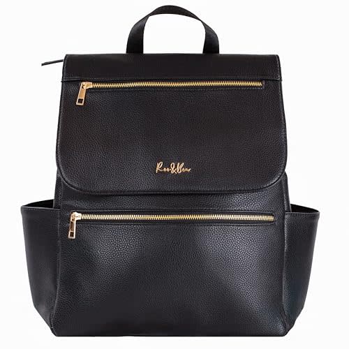 Roo and Bear Premium Vegan Leather Diaper Bag Backpack – Large Designer Baby Bag, Stylish Diaper Backpack with Stroller & Crossbody Straps & Multiple Compartments (Black)