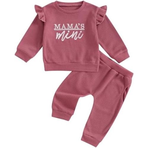 Newborn Baby Girl Fall Winter Waffle Outfit Clothes Ruffle Long Sleeve Mama Mini Sweatshirt Pants Sweatsuits