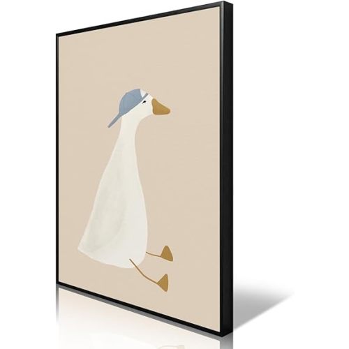 Silly Goose Canvas Wall Art, Cute Nursery Animal Aesthetic Poster, Goose with Baseball Hat Print for Kids Room, Neutral Beige Farm Animal Painting for Boys Playroom Wall Decor 8x12in Framed