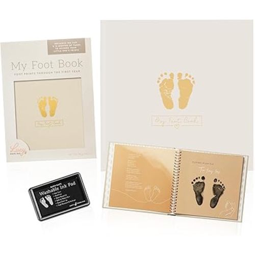 Lucy Darling My Foot Book, 1 Yr Footprint Baby Memory Book for Girl or Boy, Unique Keepsake Baby Books for Newborn's First Year, Cute Baby Shower Gifts, Scrapbook-Style Footprints Book with Ink Pad