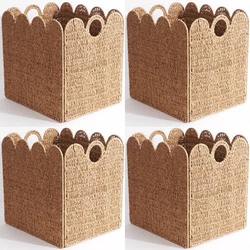 Scalloped Wicker Storage Cubes Basket, 12”x12“ Heavy Duty Paper rope/Hyacinth/Seagrass Baskets for Shelves, Foldable Natural Boho Square Bins (Renewable Paper Rope, 4PC)