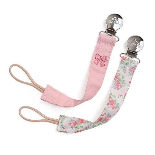 Itzy Ritzy Fabric Pacifier Strap – Universal Pacifier Clip Attaches to Clothing, Strollers & Bags - Keeps Pacifiers, Teethers & Toys Secure & Within Reach - Pack of 2 (Bows & Floral)