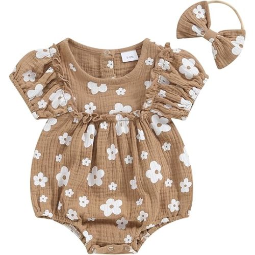 Baby Girl Rompers Daisy Print Short Sleeve Infant Bodysuit Summer Newborn Girl Linen Cotton Jumpsuit Clothes Headband