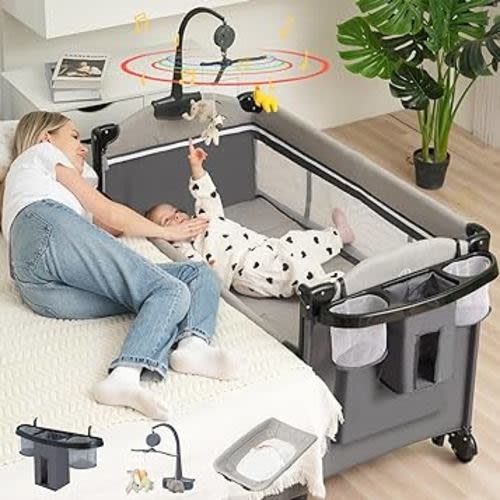 Youluzhen 5 in 1 Baby Bassinet Bedside Sleeper,Pack and Play Bassinet with Diaper Changer/Mattress/Music,Bedside Crib with Storage,Playard with Bassinet from Newborn to Toddler
