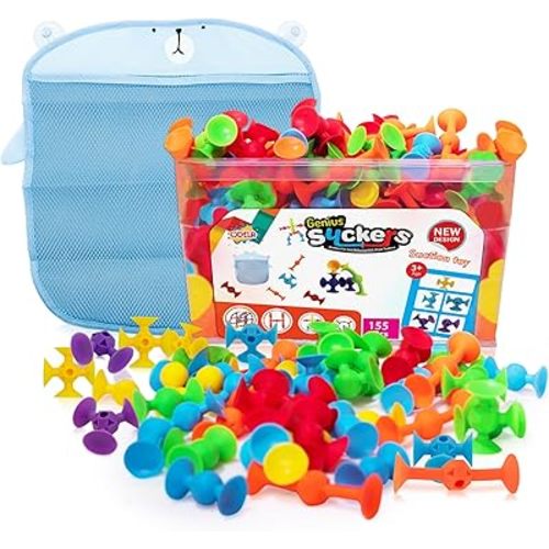 ODELA Genius Suckers 155Pcs Suction Toy Kids Sensory Toys – Baby Toy Suckers Building Toys – STEM Development Sucker Toys for Kids – Colorful Suction Toy for 3 Year Olds – Interactive Bath Toy Set