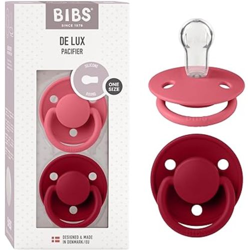Bibs DE LUX Soother 2 Pack, Cherry Shaped Nipple, BPA Free, Silicone Dummy Pacifier, OneSize, Coral/Ruby