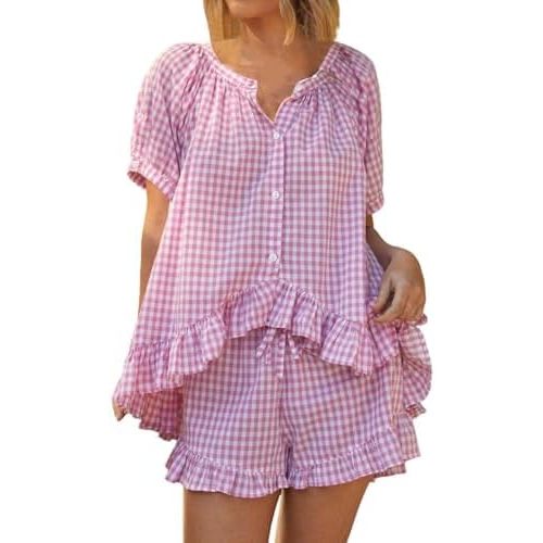 Womens 2 Piece Ruffle Pajama Set Gingham Pjs Short Sleeve Babydoll Shirt and Shorts Plaid Summer Outfits