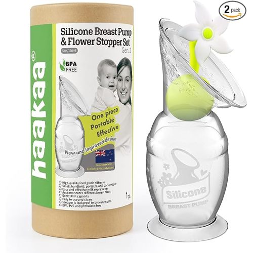 Haakaa Manual Breast Pump Silicone Breast Pump Milk Saver Milk Pump with Suction Base and Flower Stopper 100% Food Grade Silicone BPA Free (5oz/150ml) (White) - 150ml Pump & White Stopper