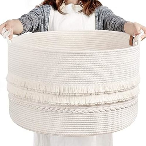 CherryNow Large White Woven Storage Basket, Boho Decorative Basket for Home Decor, Towel baskets for Bathroom, Bedroom, Living room, Baby Nursery Baskets for Clothes, Toys, Blankets, 22 x 14 inches
