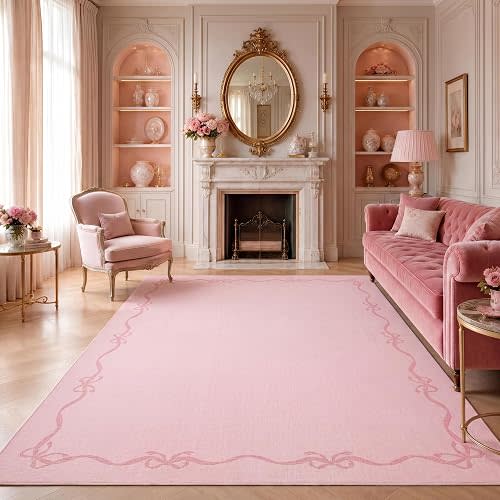 Garvee Solid Pink Rug for Bedroom Girls, 5x7 Bow Area Rugs for Living Room with Soft Low Pile, Non Slip Coquette Washable Rug 5x7 for Nursery Kids Playroom Dining Room College Dorm Carpet