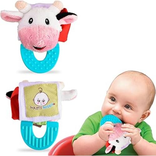 Teething Hand Toys for 4 Month Old Baby Boys & Infants | Chewy Soft & Safe Cow Teether | Wristy Buddy’s Baby Toy Pack (3-6 months+) for Happy Teething