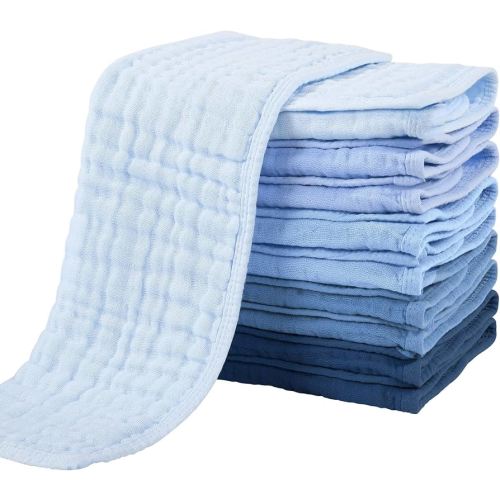 Yoofoss Muslin Burp Cloths for Baby 10 Pack 100% Cotton Baby Washcloths for Boys Girls Large 20''X10'' Super Soft and Absorbent Progressive Blue