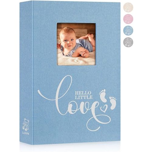 Lanpn Baby Photo Album 4x6 300 Pockets, Linen Hardcover Newborn Memory Book with Memo Writing Area, Bebe Photobook, Slip-in Picture Book, Ultrasound Album Keepsake Gifts for Boy Baby Shower Blue