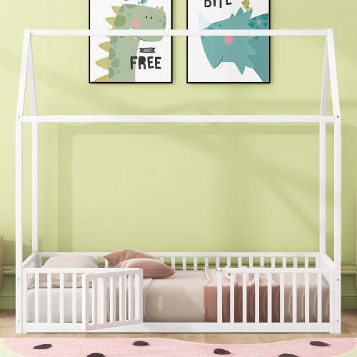Euroco Metal Twin Size House Bed with Fence and Door for Kids, White