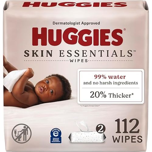Huggies Skin Essentials Baby Wipes, Hypoallergenic, 99% Water, 2 Flip Top Packs (112 Wipes Total)