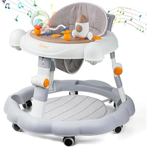Baby Walker with Wheels - 8-Level Height Adjustable Foldable Infant Walker for Baby Boy Girl 7-15 Months, Kids Toddler Walkers Activity Center, Portable Learning Walker with Safety Features