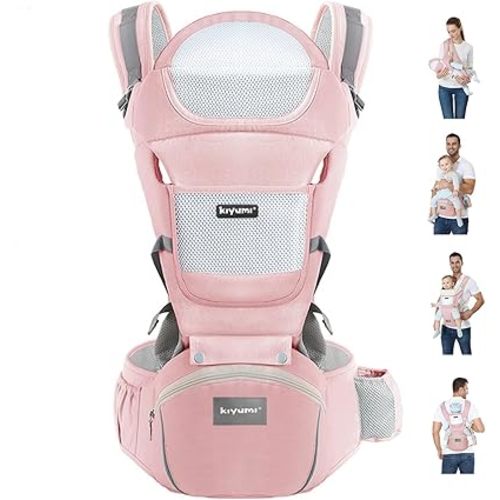 KIYUMI Baby Carrier with Hip Seat, Ergonomic M Position, Newborn to Toddler, Head Support and Breathable Mesh,Adjustable Removable 6- in-1 Baby Baby Sling Carrier (7-45 lbs) for Mom Dad, Pink