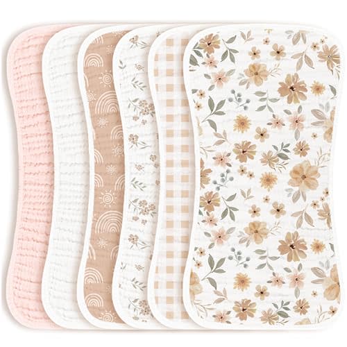 Konssy Muslin Baby Burp Cloths Sets for Unisex- 6 Pack Large 100% Cotton Adorable Printed Burping Clothes for Newborn, Baby Girls and Boys