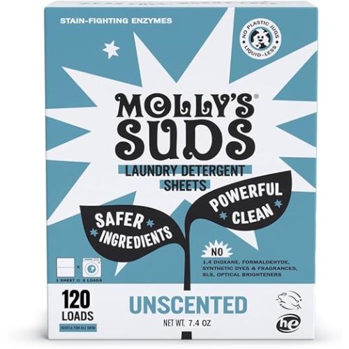 Molly’s Suds Laundry Detergent Sheets | Gentle on Sensitive Skin, Powerful Bio-Based Enzymes, Stain-Fighting | Liquidless & Plastic-Free Packaging | 120 Loads (Unscented)