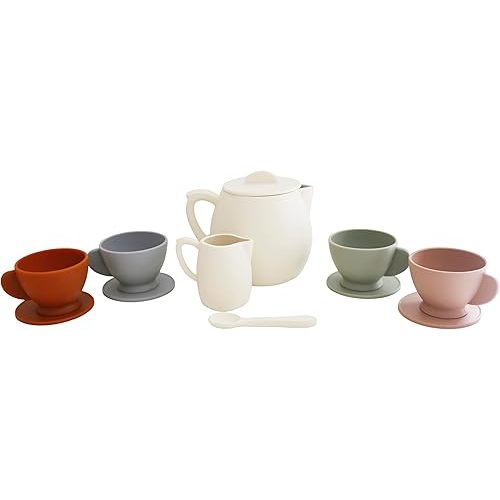 Marlowe & Co Silicone Tea Play Set for Children, 12 Piece Dishwasher Safe Tea Gift Set for Toddlers (Cream Multi Mix)