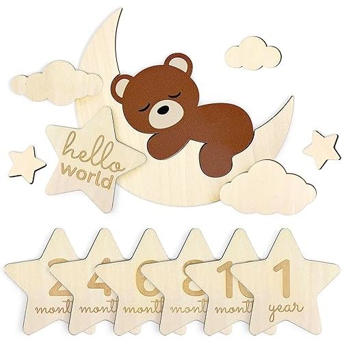 Baby Monthly Milestone Wooden Circles, Hello World Newborn Sign, Month Baby Milestone Signs for Newborn Photography Props, Dreamy Bear Monthly Milestone Edition Wood Discs for Unisex Baby Boy & Girl