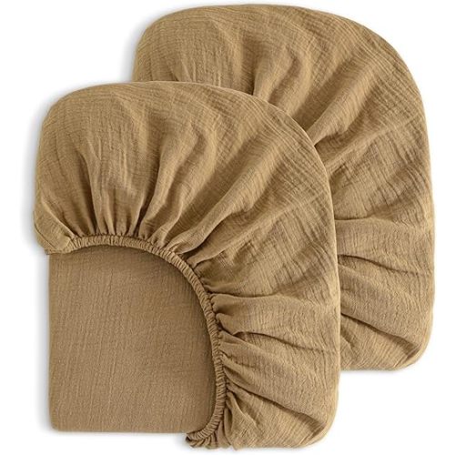 NTBAY 2 Pack Muslin Cotton Mini Crib Sheets, Soft and Breathable Double Layer 24x38 Baby Crib Sheets for Mini Crib and Toddler Mattresses, Boys, Girls, Unisex, Brown, 24x38 Inches