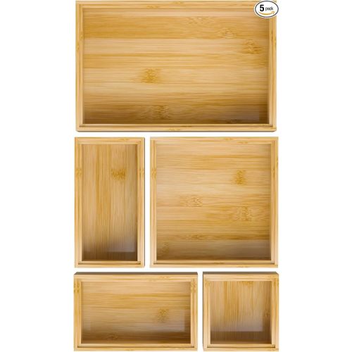 Bamboo Bathroom Drawer Organizer Dividers, Wooden Kitchen Utensil Holder Set of 5, Stackable Junk Drawer Organizer Tray, Multi-Use Storage Bins Boxs for Home, Office, Clothing, Makeup, Jewelry