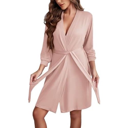 Ekouaer Women's Robe Lightweight 3/4 Sleeve Knit Bathrobe Soft Knee Length Sleepwear Robes with Pockets S-XXL