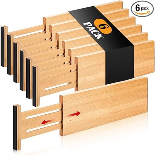 Fabsome Dresser Drawer Organizers 6 Pack, 4.65'' High Adjustable from 12.5-17‘’ Bamboo Drawer Dividers for Clothing Baby Clothes, Wooden Separators for Dresser Nursery Organization with Soft Foam Ends