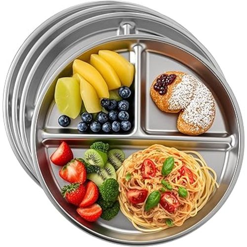 4pcs 304 Stainless Steel Kids Plates,8"Non-Toxic Circular Portion Control Plate,Suitable For Children To Use,Portion Plates For Weight Loss Adults,Reusable, Non-Toxic, Anti Drop, And Dishwasher Safe