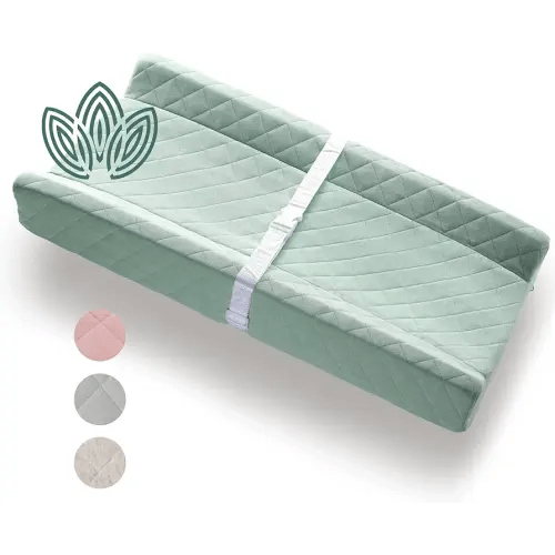 Organic Cotton Contoured Baby Changing Pad w/Waterproof Foam Mattress, Includes Soft, Removable & Washable Cover, Safety Strap, Non-Slip Bottom, Topper for Standard Size Infant Diaper Table & Dresser