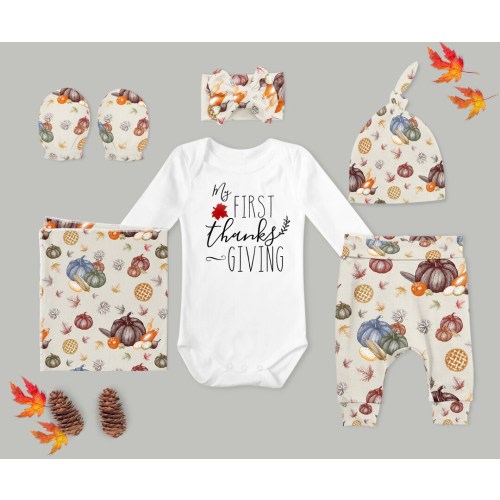 First Thanksgiving Baby Coming Home Outfit // Autumn // 1st Thanksgiving Bodysuit, Poinsettia Pants, Knot Hat, Swaddle, Headband Mitts